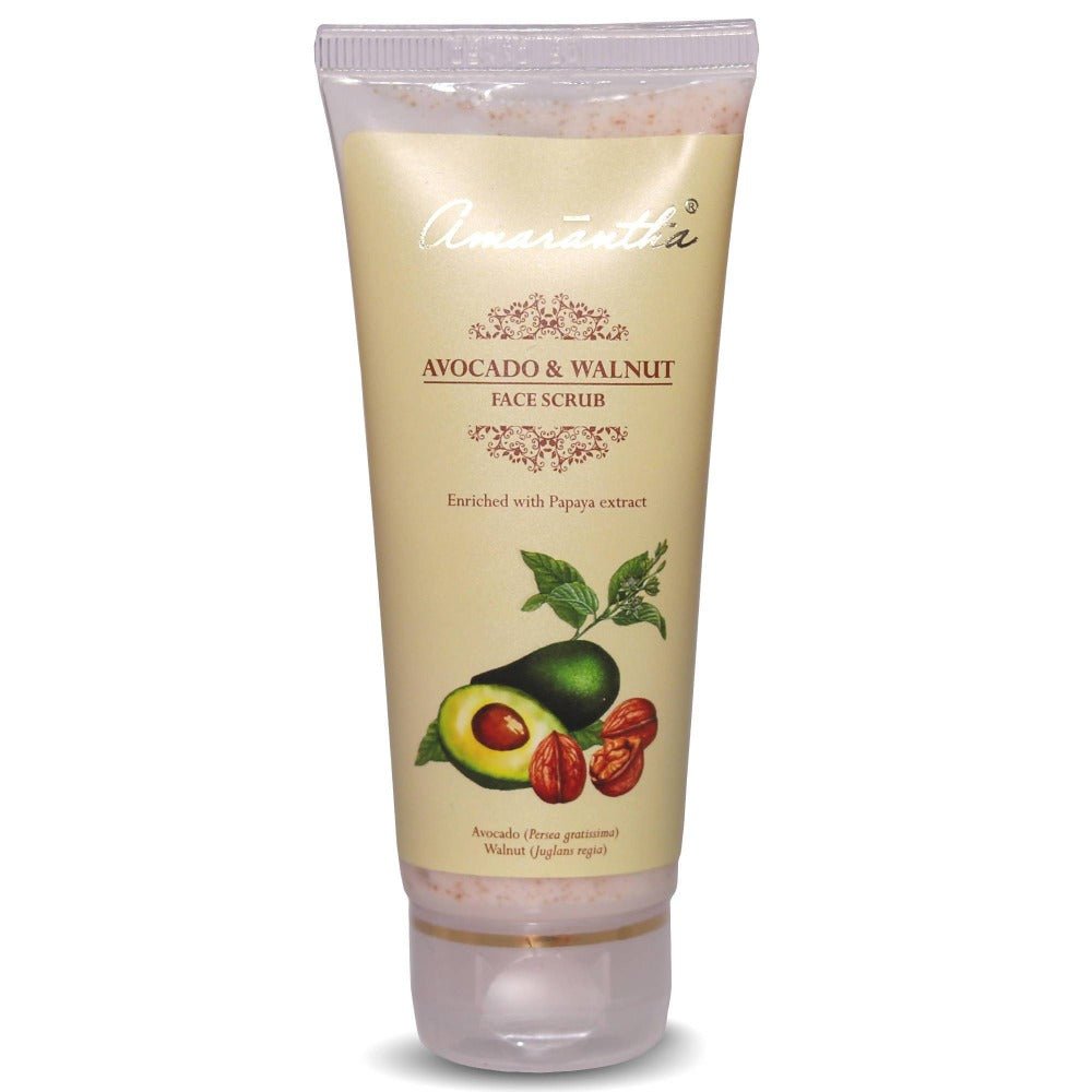 Tube of Avocado & Walnut Face Scrub with branding on a white background