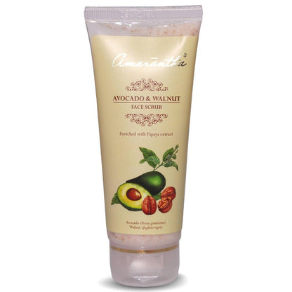 Tube of Avocado & Walnut Face Scrub with branding on a white background
