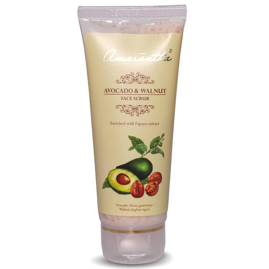 Tube of Avocado & Walnut Face Scrub with branding on a white background