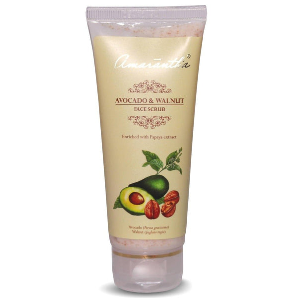 Tube of Avocado & Walnut Face Scrub with branding on a white background