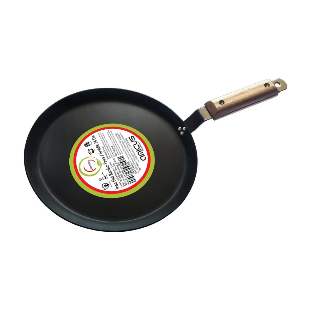 Black frying pan with a wooden handle on a white background