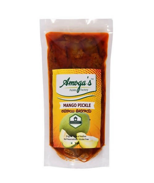 Packaged mango pickle with Amoga's label on a white background