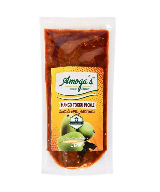 Packaged mango tokku pickle with Amoga's Pickle Factory label on a white background