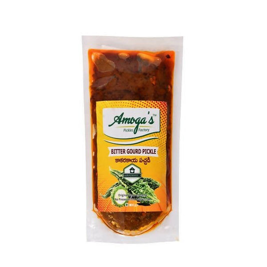 Packaged bitter gourd pickle with Amoga's branding on a white background
