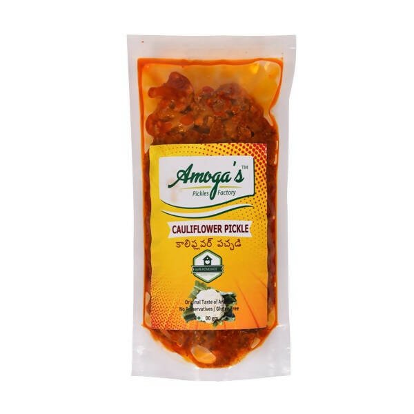 Packaged cauliflower pickle with Amoga's Pickle Factory label on a white background