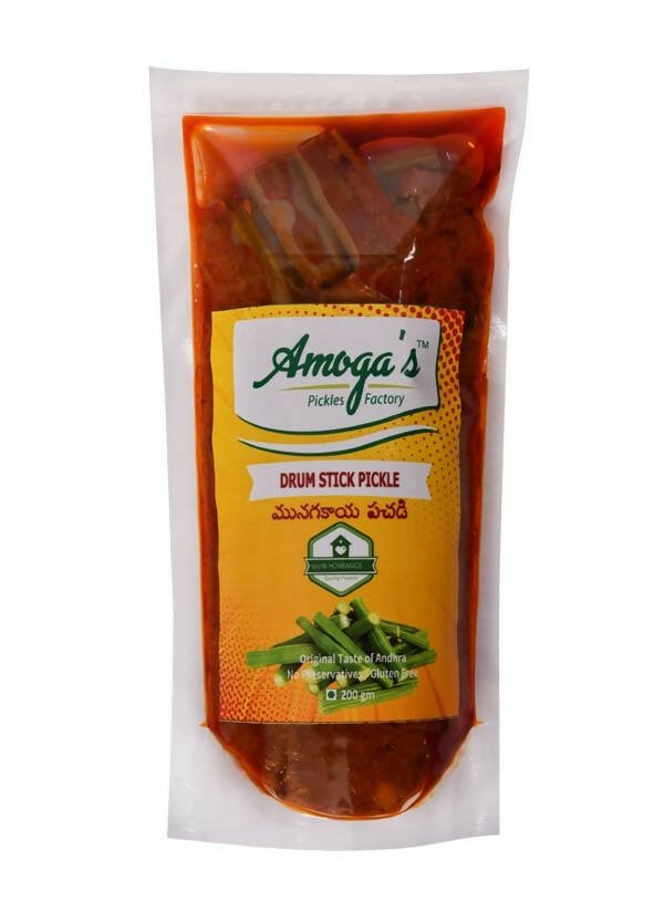 Packaged drum stick pickle with Amoga's branding on a white background