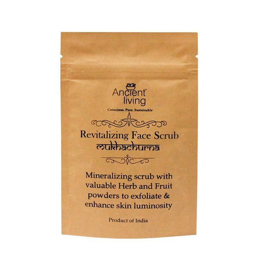 Brown package of Ancient Living Revitalizing Face Scrub on a white background