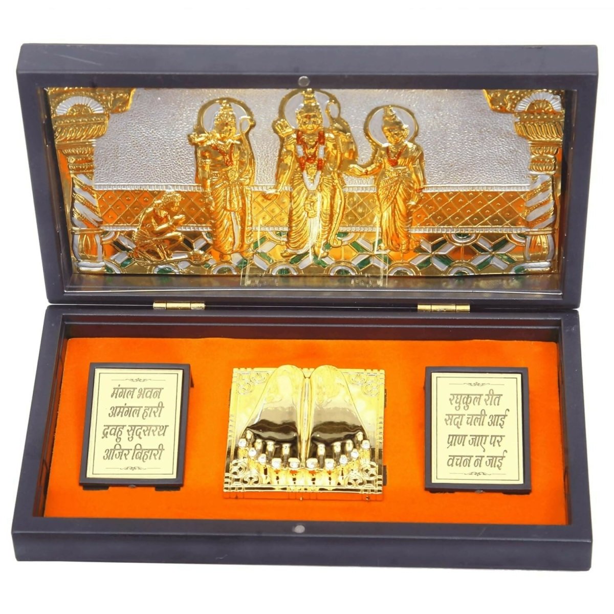 Decorative set with gold figurines and inscriptions in a wooden box