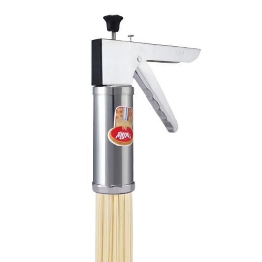 Napoli pasta maker with pasta emerging on a white background