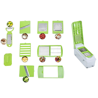 Green vegetable chopper with multiple attachments on a white background