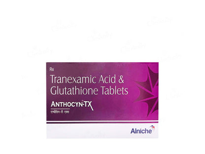 Box of Tranexamic Acid & Glutathione Tablets with Alniche branding on a white background