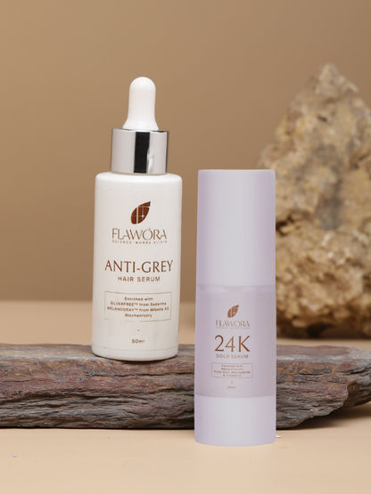 Flawora Anti-Grey Hair Serum For Reversing Grey Hair & Gold Face Serum For Brightening, Anti-Aging