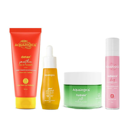 A collection of Aqualogica skincare products including a face wash, face serum, moisturizer, and sunscreen. The packaging is vibrant with colors red, yellow, green, and pink, clearly displaying each product's purpose.