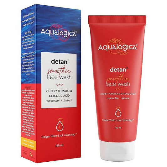 Aqualogica detan+ smoothie face wash packaging and tube on a white background