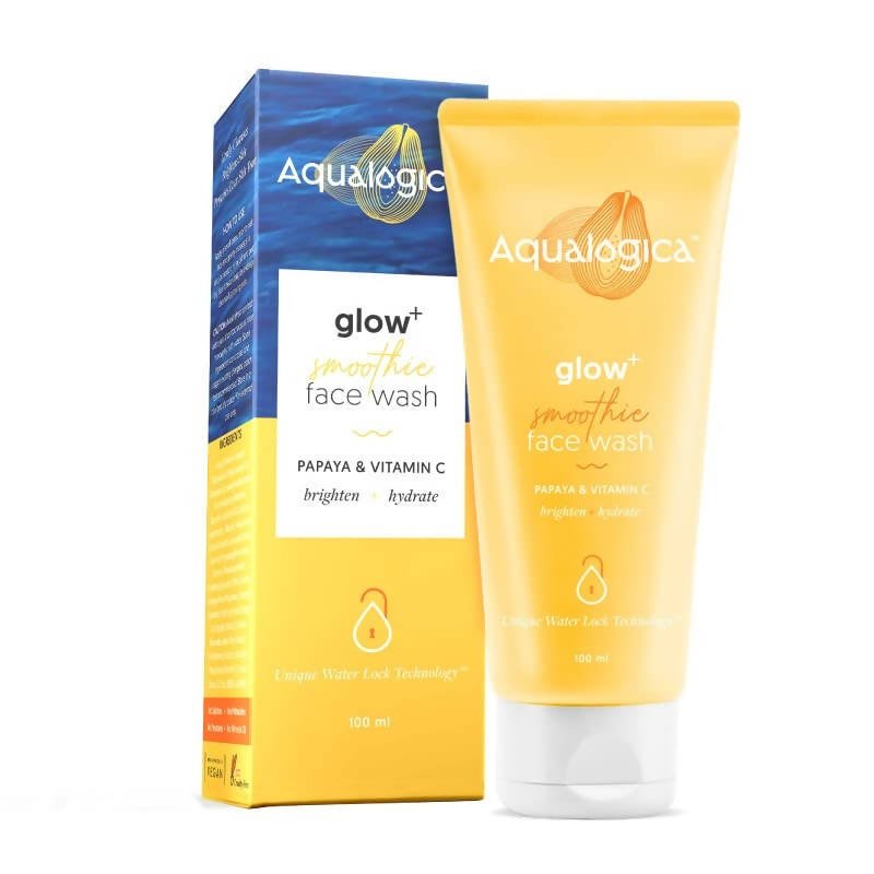 Aqualogica glow+ smoothie face wash packaging on a white background