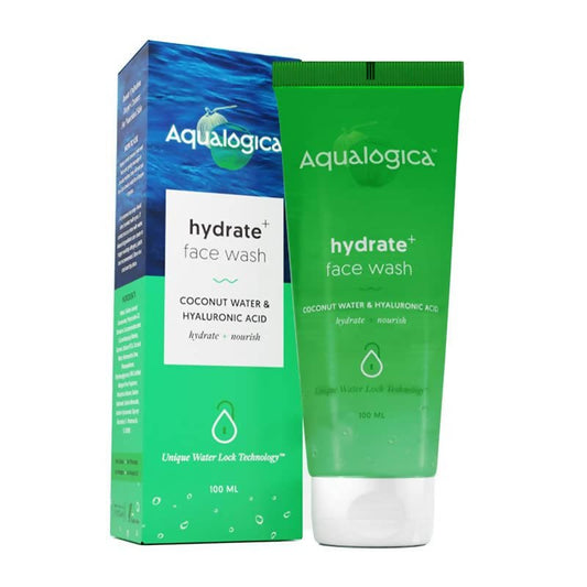 Aqualogica hydrate+ face wash packaging on a white background
