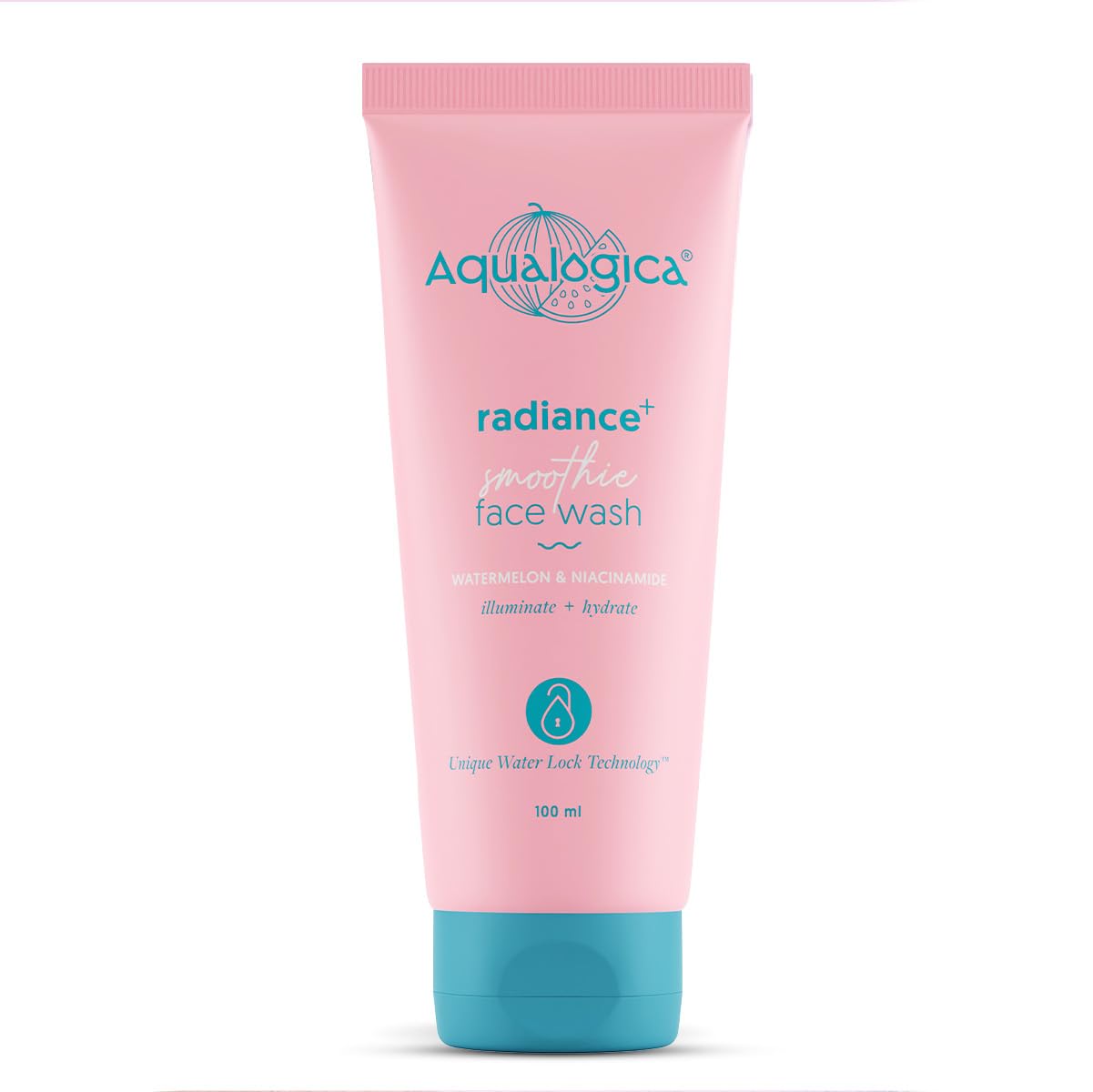 Pink tube of Aqualogica Radiance+ Smoothie Face Wash on a white background