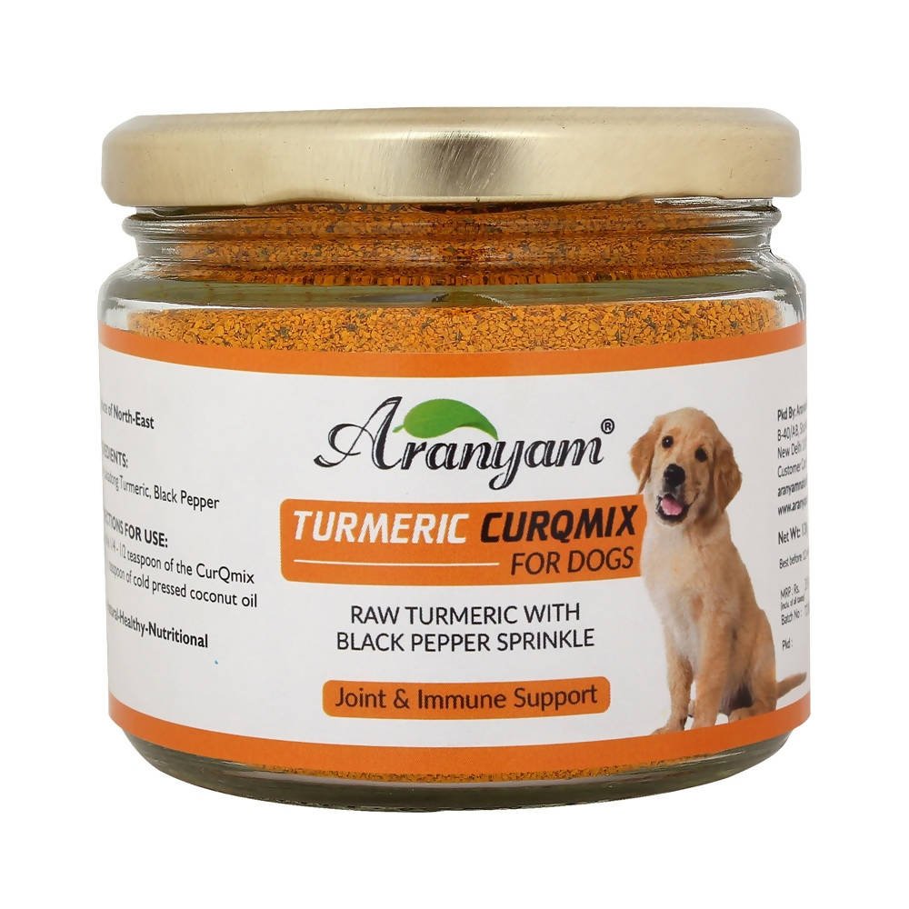 Jar of Araniyam Turmeric Curqmix for dogs on a white background