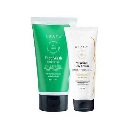 Two Arata skincare products, Face Wash and Vitamin C Day Cream, on a white background.
