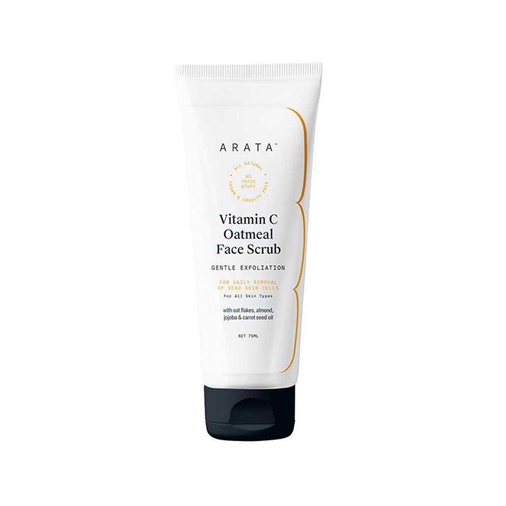 A tube of Arata Vitamin C Oatmeal Face Scrub against a white background.