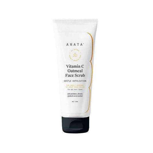 A tube of Arata Vitamin C Oatmeal Face Scrub against a white background.