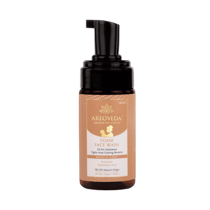 Areoveda foam face wash bottle on a white background