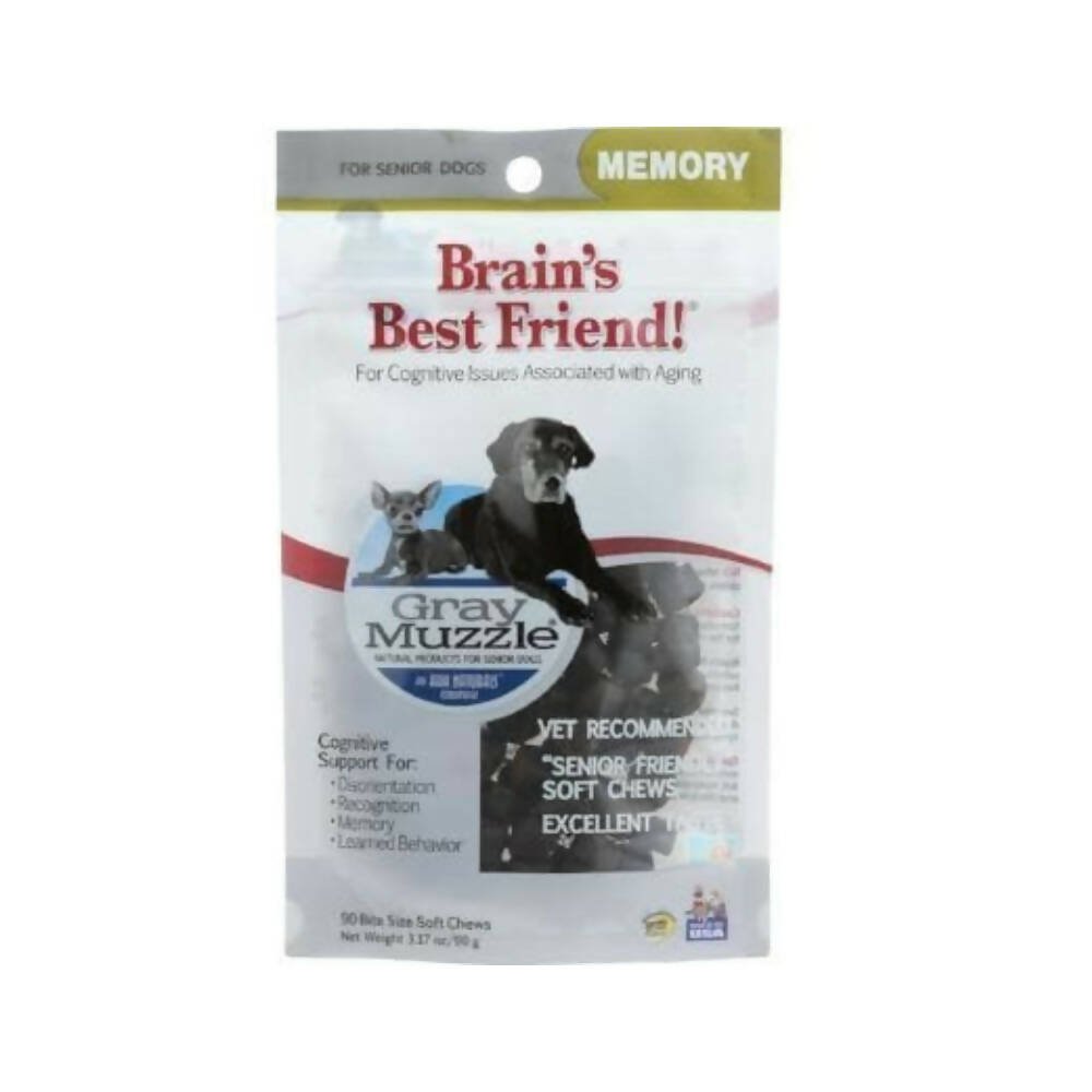 Package of 'Gray Muzzle' for senior dogs with a dog on the label, on a white background.