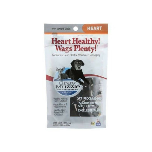 Dog treat package for senior dogs with heart health benefits on a white background