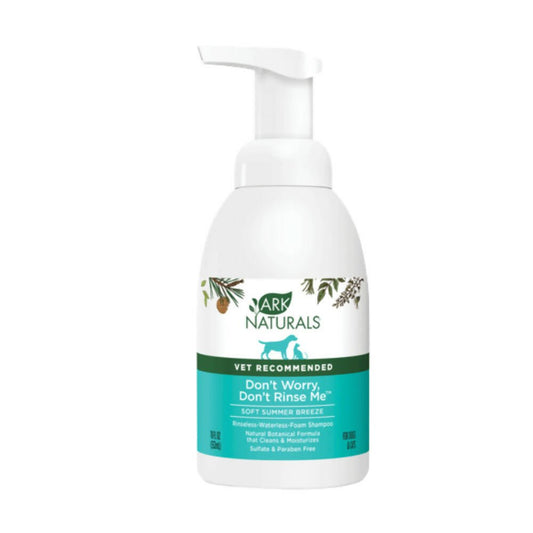 White bottle of Ark Naturals pet shampoo with pump on a white background