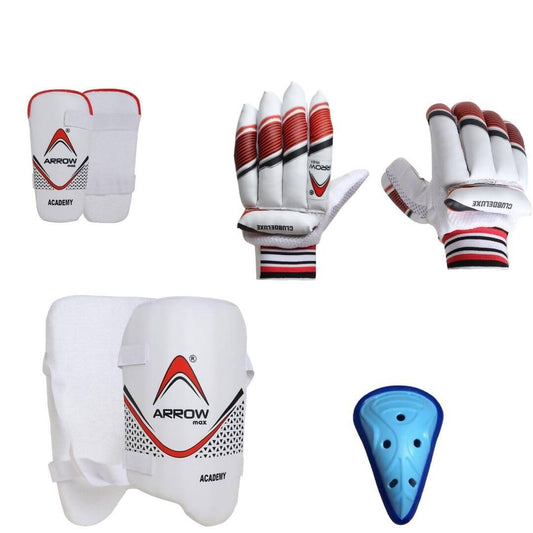 Collection of cricket protective gear with Arrow branding on a white background