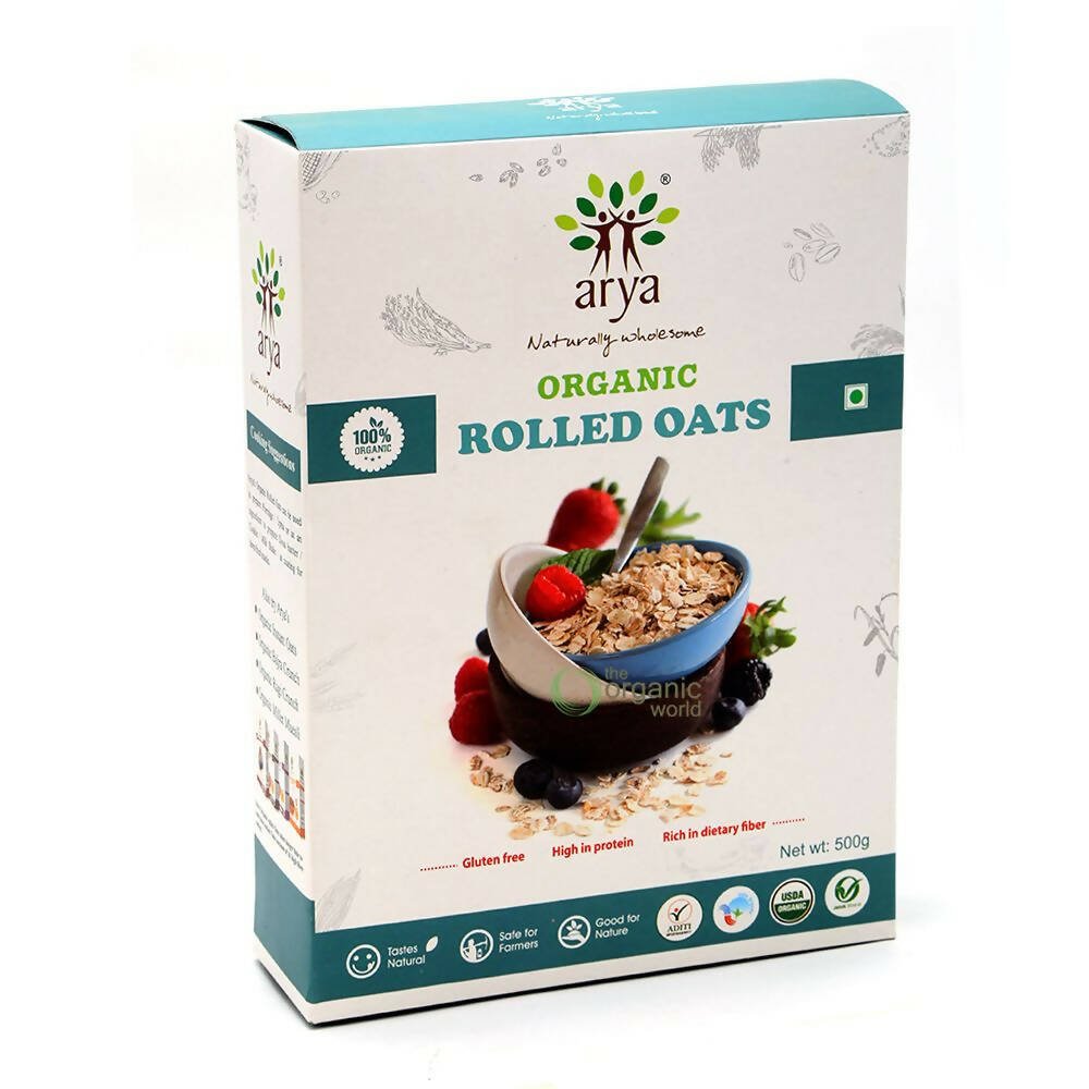 Box of Arya Organic Rolled Oats with a bowl of oats and strawberries on the label.