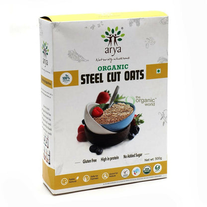 Box of Arya Organic Steel Cut Oats on a white background