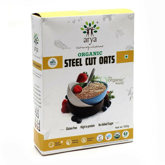 Box of Arya Organic Steel Cut Oats on a white background