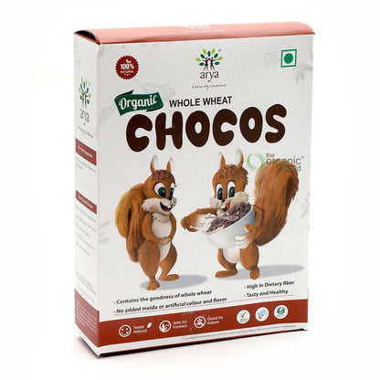 Box of Arya Organic Whole Wheat Chocos with cartoon squirrels on a white background