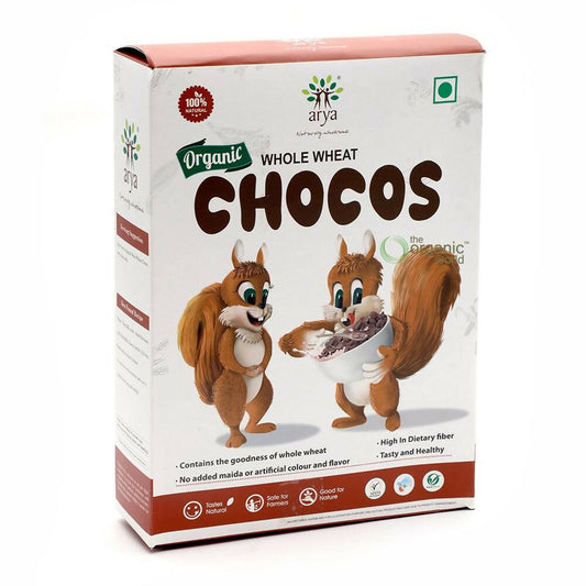 Box of Arya Organic Whole Wheat Chocos with cartoon squirrels on a white background
