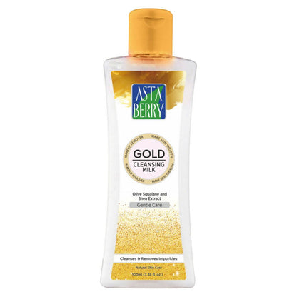 A bottle of Astaberry Gold Cleansing Milk with a clear liquid visible and gold-colored particles suspended within.