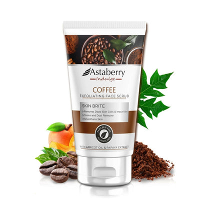 Tube of Astaberry Coffee Exfoliating Face Scrub with ingredients displayed on a white background