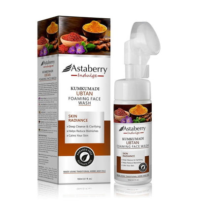 Astaberry Kumkumadi Ubtan Foaming Face Wash packaging and bottle on a white background