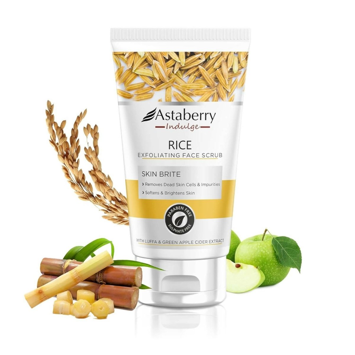 Astaberry Rice Exfoliating Face Scrub with rice grains, green apple, and bamboo on a white background
