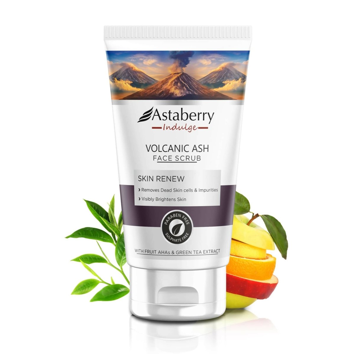 Astaberry Volcanic Ash Face Scrub tube with mountain and fruit graphics on a white background