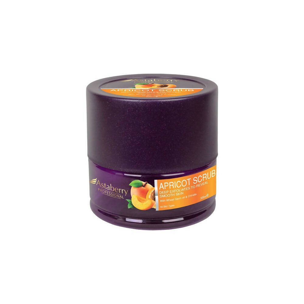 Purple jar of Apricot Scrub with visible branding on a white background