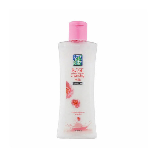 A bottle of Astaberry Rose Makeup Remover Cleansing Milk with a pink cap and white body, featuring images of rose petals on the label.