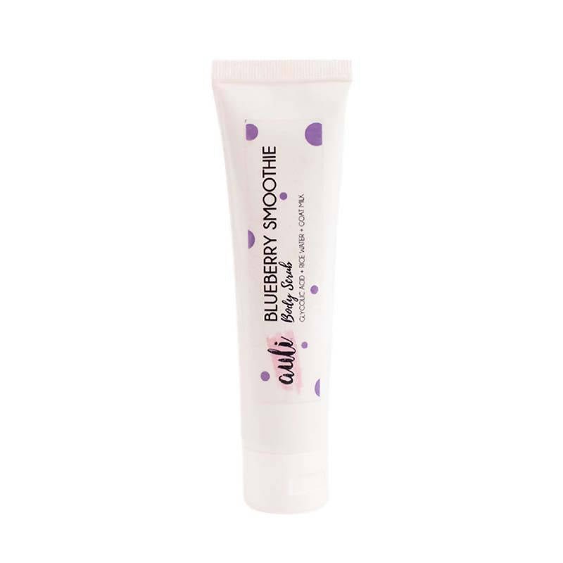Tube of 'Blueberry Smoothie' body scrub with visible brand name on a white background