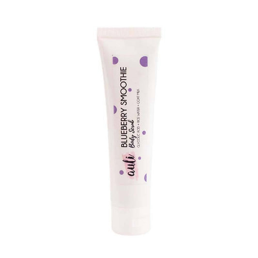 Tube of 'Blueberry Smoothie' body scrub with visible brand name on a white background