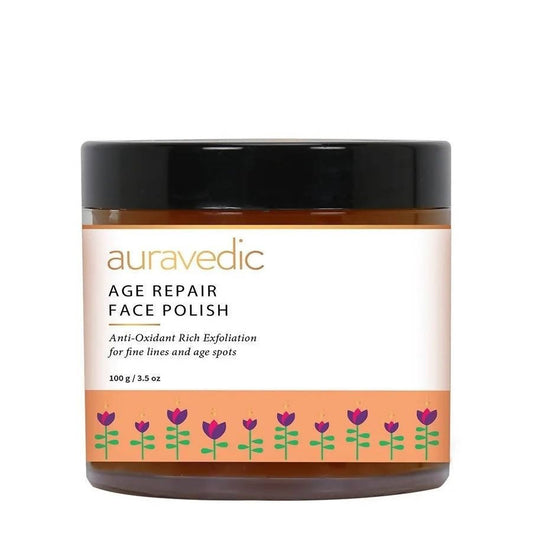 Jar of Auravedic Age Repair Face Polish on a white background