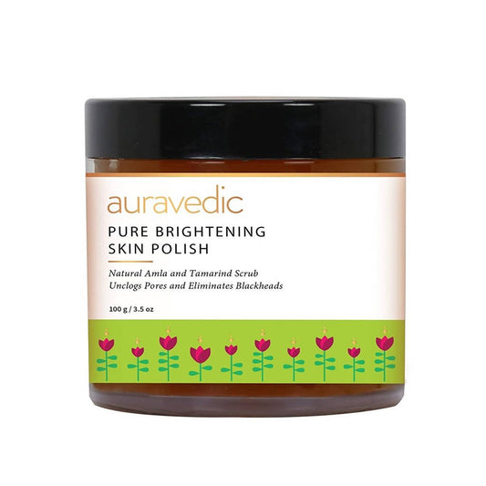 Jar of auravedic Pure Brightening Skin Polish with a black lid on a white background