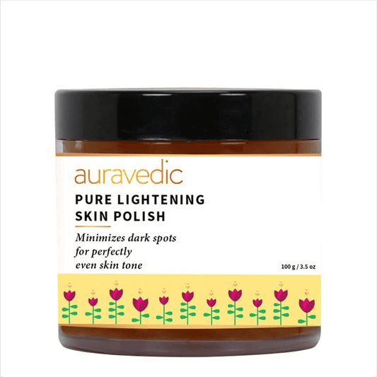 Auravedic Pure Lightening Skin Polish jar with product details and floral graphics.