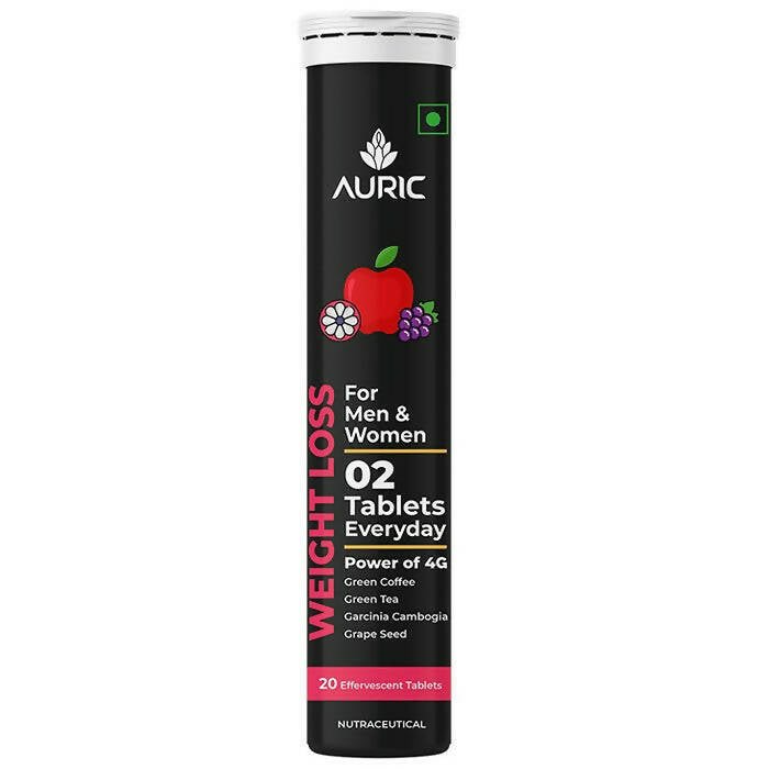 A cylindrical container of Auric Weight Loss Effervescent Tablets with graphics indicating suitability for men and women, and containing 20 tablets.
