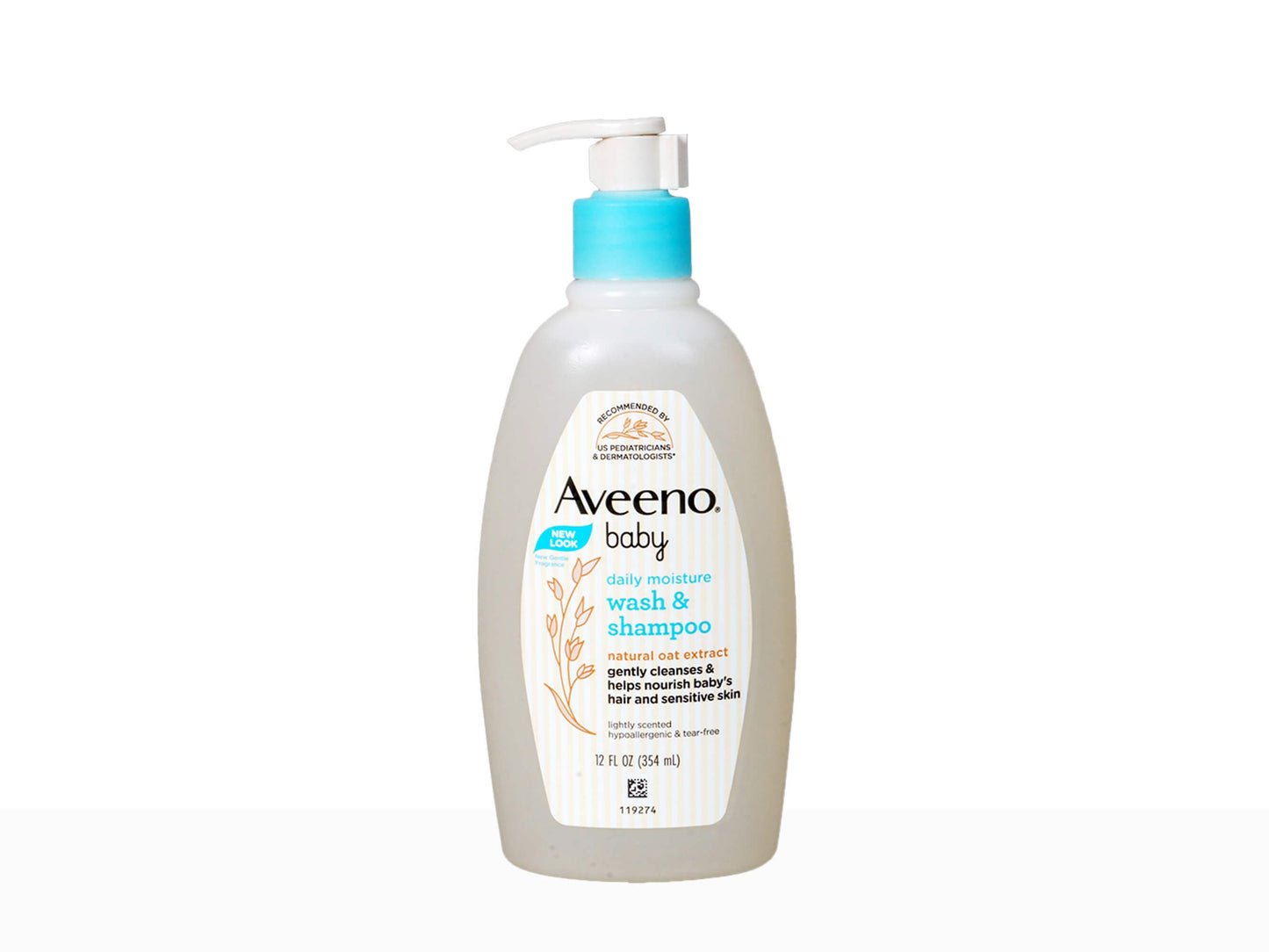 Aveeno baby wash and shampoo bottle on a white background
