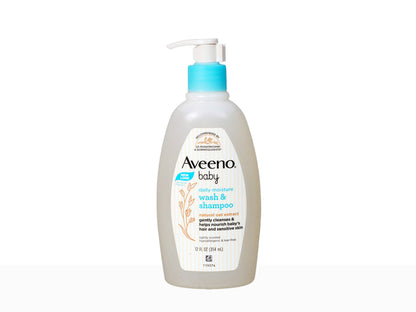 Aveeno baby wash and shampoo bottle on a white background